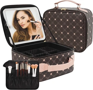 Travel Makeup Bag with 360° Rotating LED Mirror,Waterproof Cosmetic Organizer,Po - Picture 1 of 8