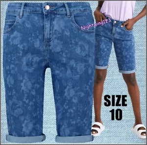 TU Size 10 Blue Floral Print Denim Jean Bermuda Shorts Roses Knee Length Turn Up - Picture 1 of 18