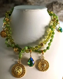 Natural Green Peridot & Green Jade With Swarovski Crystal AB In Wrapped Necklace - Picture 1 of 9