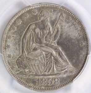 Medio dólar libertad sentada 1858-O graduación profesional detalles AU moneda de plata de Estados Unidos Nueva Orleans - Imagen 1 de 4