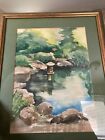 Vintage Signed Watercolor Painting Garden Lantern Pond Japanese Winter Scene 27”