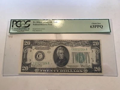 1934-d   $ 20 Philadelphia federal reserve note,  wide reverse   , PCGS 63ppq   - Image 1 of 2