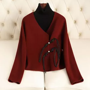 Trench cappotto donna corto doppio lato 100% lana scollo V stile cinese outwear nuovo - Foto 1 di 26