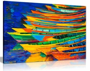 Ölgemälde Modern Impressionismus Boote Meer Leinwand Wandbild Bild Druck - Bild 1 von 5