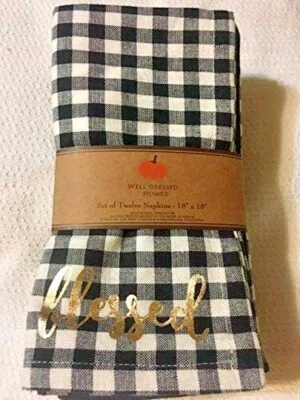 Well Dressed Home Gingham Black White Holiday BLESSED in Gold Napkins  Set of 12 - Image 1 of 4