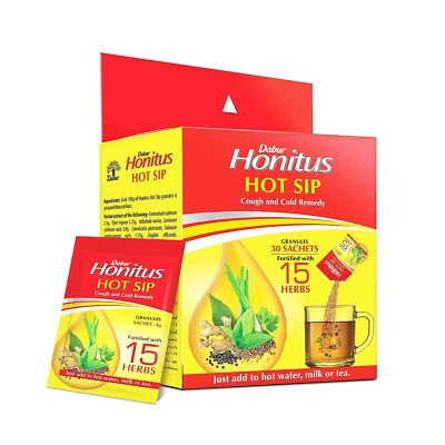 Kaadha ayurvédico Dabur Honitus Hot Sip (30 sobres) para tos resfriado y dolor de garganta Foto 1 de 4