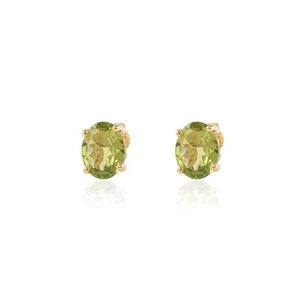 Natural Green Peridot Gemstone Solitaire Studs Earrings Solid 14k Yellow Gold - Picture 1 of 4