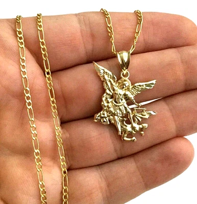 10K Solid Gold Saint Michael Pendant with 2mm Figaro 18" Chain Necklace - - G2-1 - Image 1 of 4