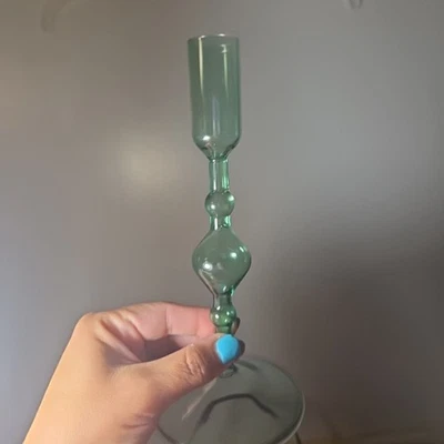 POKETO Green Glass Candlestick Holder MCM Style Modern Chic Thin Glass - Image 1 of 4