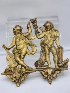 PAR de apliques antiguos de adornos de pared de querubines putti de bronce dorado francés del siglo XIX - Imagen 1 de 6