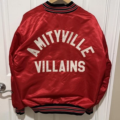 Vintage Bomber Jacket Mens Extra Large Red Satin Amityville Fire Dept Snap Front - Image 1 of 4