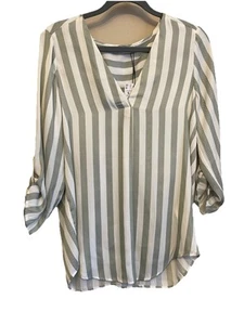 Stradivarius Women’s White Mint Green Striped Blouse Shirt Top 3/4 Sleeve SIZE S - Picture 1 of 10