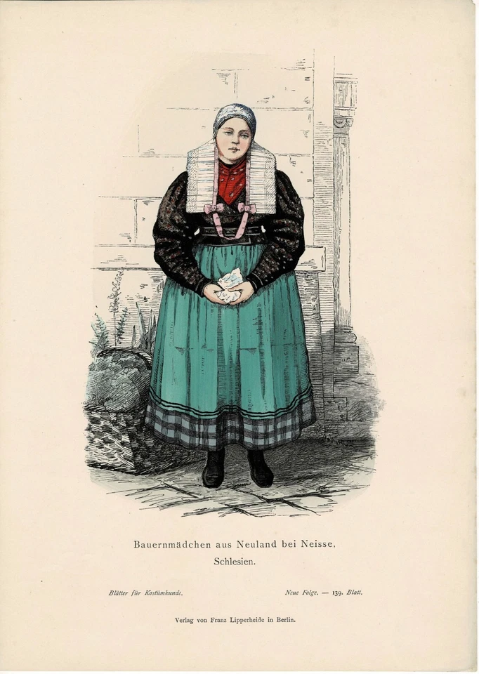 KOSTÜMKUNDE: Farbtafel Tracht Schlesien Bauernmädchen Neuland bei Neisse, ~1885 - Bild 1 von 1