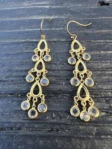 Gold Tone Metal Long Crystal Chandelier Earrings - Picture 1 of 3