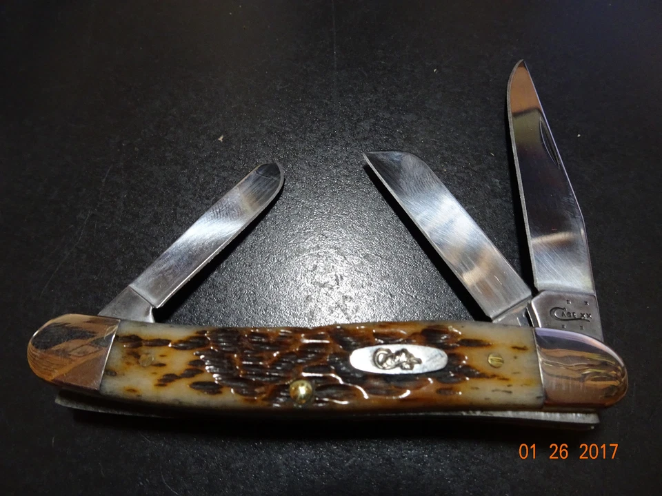 CASE XX POCKET KNIFE 3 5/8" MED. STOCKMAN AMBER BONE HANDLE CS BLADES CA-039 - Image 1 of 4