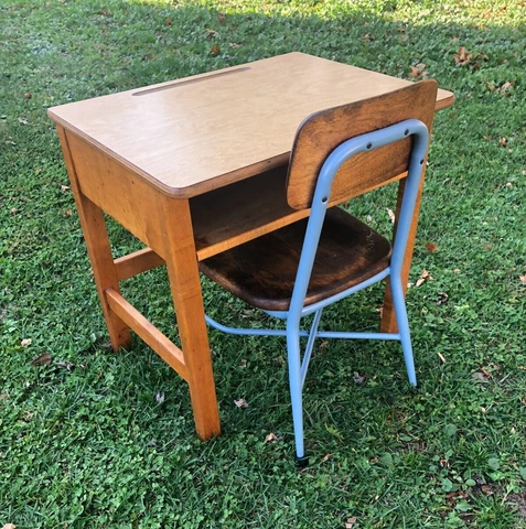 Vintage Mid Century Maple Wood School Desk and Heywood Wakefield Chair Set Retro Cover