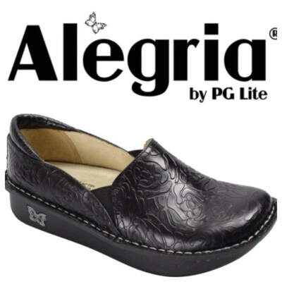 Alegria Debra Deb Zueco Zapatos Mules 40 EE. UU. 9.5 10 Negro Repujado Floral Cuero c Foto 1 de 4
