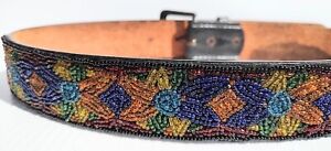 1990s Seed Beaded Western Women Belt Leather Black Colorful Size 27-31   056