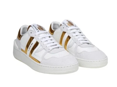 LANVIN "Clay" LOWTOP WHITE & GOLD PERFORATED PANEL LEATHER WOMEN SNEAKERS Sz.8US - Image 1 of 4