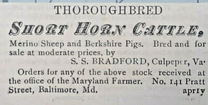 1881 Culpepper Virginia Vintage Print Ad S.S. BRADFORD Cattle Farm Breeder - Picture 1 of 2