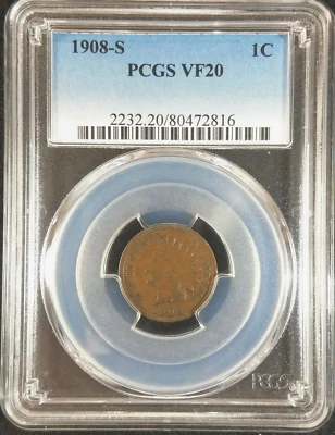 1908-S Indian Head Cent PCGS VF20 2232.20/80472816 Exquisite Coin Rare - Image 1 of 4