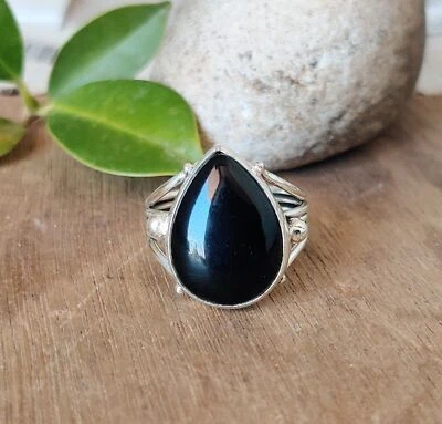 Beauty Onice Nera Gemma 925 Argento Sterling Mano Anello Tutti Misura S-37 - Immagine 1 di 4