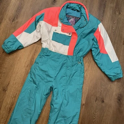 Vintage 1980s Ski Suit Womens One Piece Snowsuit Snow Bib Prima Neon Retro Large - Image 1 of 4