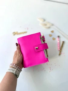 Hot Pink leather notebook cover A7 2 rings mini wallet. Dated 2026 planner gift. - Picture 1 of 15