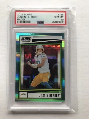 2022 Score Panini Justin Herbert aqua Racer /199 PSA 10 Gem Mint￼ parallel￼ 136  - Image 1 of 4