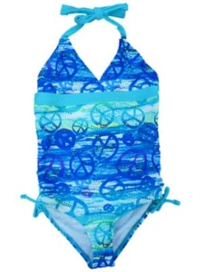 Angel Beach Girls Blue Peace Sign Swimming Suit Swim Halter Bathing Suit 1PC 4 - Picture 1 of 2