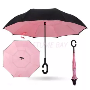 Windproof Upside Down Reverse Umbrella C-Handle Double Layer Inside-Out Inverted - Picture 1 of 35