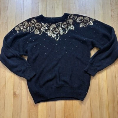 Vintage Milano Collection Black Sequin Floral Beaded Sweater Size S - Image 1 of 4
