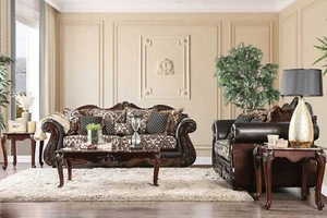 SPECIAL Traditional Living Room Set - Brown Fabric & Wood Trim Sofa Loveseat RCY - Picture 1 of 4