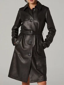 Ladies Leather Trench Coat Women Black Buttoned Knee Length Warm Coat Christmas - Picture 1 of 5