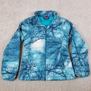 Patagonia Down Puffer Jacket Girls L 12 Blue Floral Full Zip Quilted Packable - Picture 1 of 14