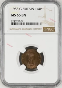 NGC MS65 BN 1953 ELIZABETH II CORONATION Great Britain 1/4 P Farthing - Picture 1 of 2