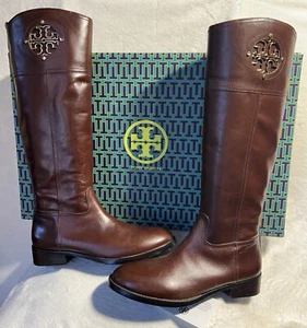 Tory Burch Brown Leather KIERNAN 35MM Tall Riding Boots Shoes, Gold Insignia, 8 - Picture 1 of 20