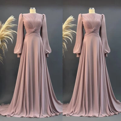 Elegant Pink Muslim Wedding Dresses Chiffon High Neck Long Sleeves Bridal Gowns - Image 1 of 4