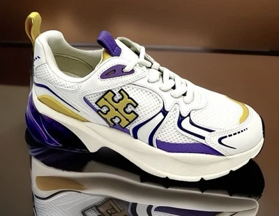 Tênis de malha TORY BURCH GOOD LUCK TECH TRAINER AMARELO/MARFIM/ROXO TAMANHO EUA 6 NOVO NA CAIXA - Imagem 1 de 4