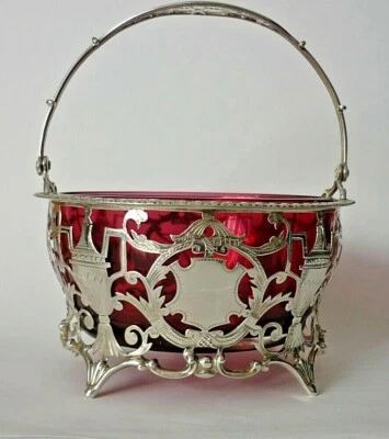 Art Deco Silver London 1923 Hallmark Basket With Original Cranberry Glass Liner — 第 1/4 张图片