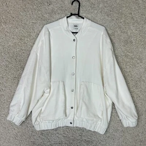 Zara Linen Blend Longline Bomber Jacket Mens Large White Snap Front Pockets - Picture 1 of 7