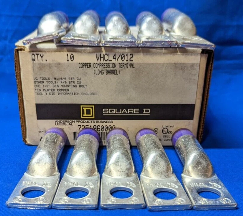 SQUARE D 2 HOLE COMPRESSION TERMINALP/N: VHCL4/012 (LONG BARREL)  (BOX OF 10) - Image 1 of 4