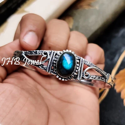 Blue Fire Labradorite Gemstone 925 Sterling Silver Cuff Bangle Gift For Brother - Image 1 of 4