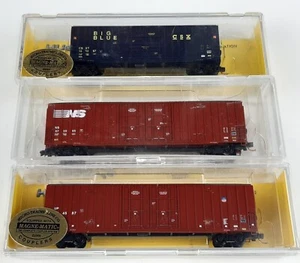 LBF HUBERTS U.S. BOX CARS X 3 N.S. CSX UP KNUCKLE COUPLERS VGC BOXED N-SCALE(KF) - Picture 1 of 8
