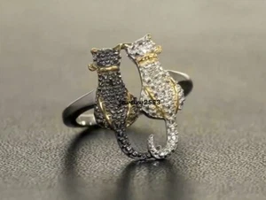 Gift For Women's Solid Metal 2 Tone Cat Charm Ring 14k White Gold Plated Silver - Picture 1 of 5