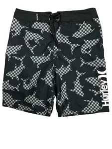 Hurley Swim Trunks Boys 16/28 Black Checker Sharks Shorts Back Pocket 9 Inseam - Picture 1 of 3