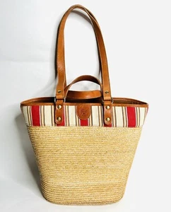 IL BISONTE Large Straw Raffia Bag Red Canvas Leather Accent Inside Pouch - Picture 1 of 21