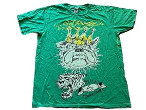 Ed Hardy T-shirt XL Green Bling Tiger Bulldog Crown Christian Audigier Vintage - Picture 1 of 13