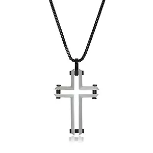 Stainless Steel Carved Cross Pendant - 24 Inch Box Chain - Picture 1 of 3