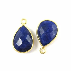Bezel Gem Pendant Gold plated- Blue Sapphire -Small Teardrop- 10x14mm  (2pcs) - Picture 1 of 4